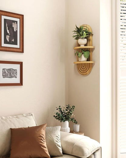 Bamworld Boho Wall Decor Plant Wall Shelf Mid Century Modern Decor Hanging Plant Shelf 2-Tier Wooden Floating Shelves for Home Bathroom Bedroom Living Room Office Holding Planter Decoration Natural