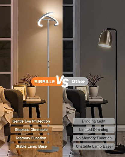 SIBRILLE Silver Floor Lamps for Living Room, Stepless Dimmable Standing Lamp with Touch Remote Control, 22W Rotatable LED Floor Light Tall Uplighter for Bedroom Office, 69'' Modern Room Light