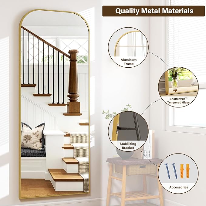 XRAMFY Full Length Mirror, 71"x28" Floor Mirror Freestanding, Arched Floor Standing Large Mirror Full Body Mirrors with Stand for Bedroom, Hanging Mounted Mirrors for Living Room,Gold