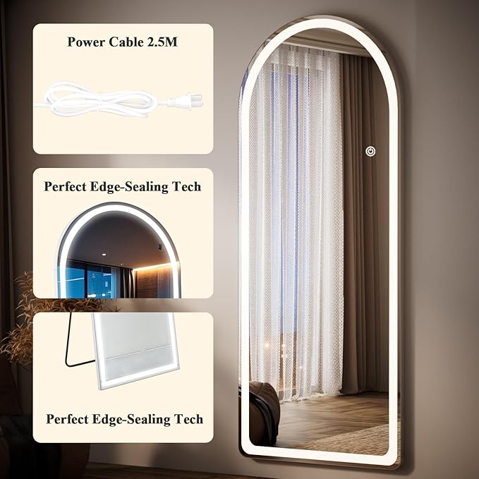 Arch LED Mirror Full Length - 26" x 71" Arched Top Rounded Corners Floor Full Body Mirror with 3 Color Lights Brightness Adjustable, Standing Leaning for Bedroom, Dressing Room, White