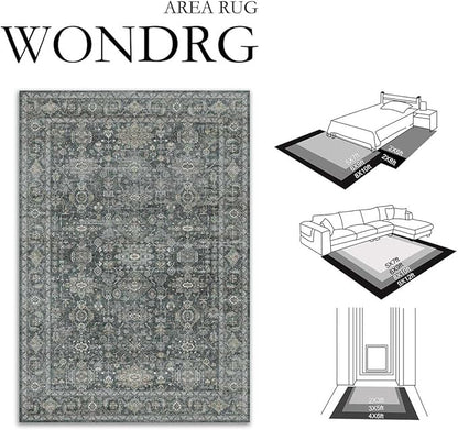 6x9 Washable Area Rug for Living Room Bedroom Vintage Black Grey Carpet Soft Low Pile Traditional Retro Non Slip Throw Rug for Dining Room Entryway Indoor Dorm Kitchen