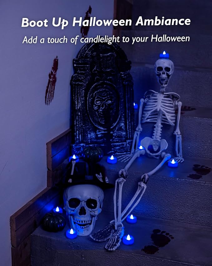 merrynights Flameless Candles, 24 Pack Tea Lights Candles Battery Operated, LED Tealight Candle, Realistic Tea Lights for Halloween Christmas Party Decor -D 1.5” x H 1.25” -Blue Candle