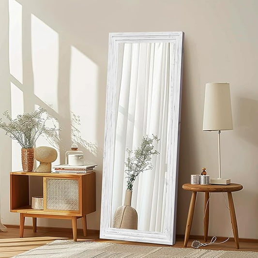 Full Length Mirror 58"x22" Solid Wood Frame Floor Large Mirror for Living Room, Bedroom Hanging or Leaning Wall-Mounted, White