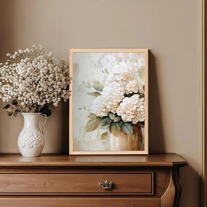 Framed Hydrangea Wall Art, White Floral Botanical Wall Decor Pictures, Vintage Flower Canvas Prints Paintings Farmhouse Aesthetic Home Decor for Living Room Bedroom Bathroom Kitchen 8x10 inch