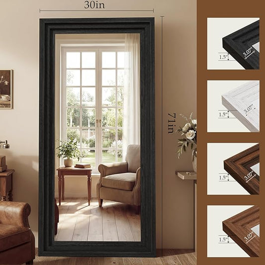 Full Length Mirror 71"x30", Large Solid Wood Frame Floor Mirror, Leaning Floor Mirror, Stable Frame, Shatterproof Glass, Modern Classic Style for Bedroom, Living Room, Entryway
