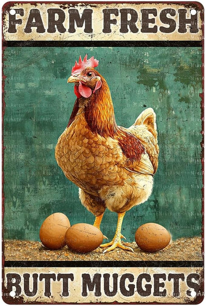 Vintage Chicken Farm Metal Sign Chicken Coop Farm Fresh Butt Nuggets Metal Poster Home Garden Farmhouse Restaurant Garage Aluminium Sign Art Wall Decor 8X12Inch