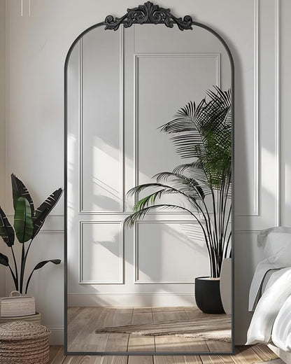 Antok Arched Full Length Mirror, 71"x28" Floor Mirror with Carved, Full Body Mirrors for HomeDecor, Standing/Halling Large Wall Mirror for Bedroom, Living Room, Cloakroom, Black, Retro Style