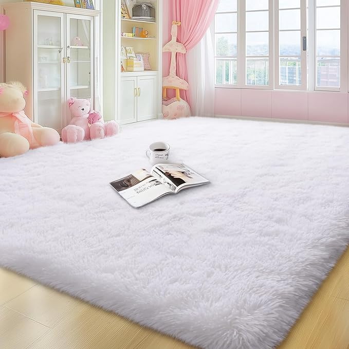 qulint White Rugs for Living Room, Fluffy 6x9 Area Rug for Bedroom Large Soft Plush Kid Room Rug, Shag Shaggy Fuzzy Tapetes para Sala for Boys and Girls Dorm Nursery Home Decor (6ft x 9ft, White)