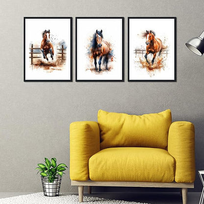3 Pieces Watercolor Horse Framed Canvas Wall Art Equestrian Horse Picture Wall Decor for Farmhouse Modern Running Horses Print Artwork for Living Room Decoration Easy to Hand 16x24inchx3pcs