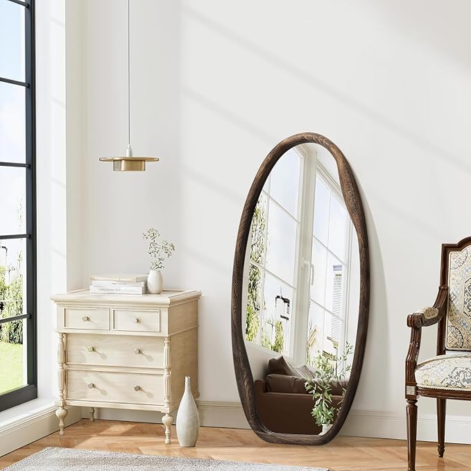 JJUUYOU Irregular Wall Mirror Asymmetrical Bathroom Mirrors for Wall 40"X20" Large Wood Framed Hanging Mirror for Living Room Bathroom Entryway Bedroom Horizontal or Vertical Dark Brown