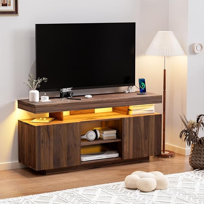 HOMMPA LED TV Stand for 55/50/43/40/32 Inch Modern Entertainment Center with Power Outlets, Gaming Consoles Storage, Media Table with LED Lights, Game Cabinet for Living Room Walnut