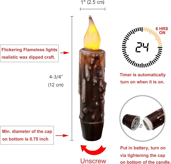 CVHOMEDECO. Real Wax Hand Dipped Battery Operated LED Timer Taper Candles Rustic Primitive Flameless Lights Décor, 4-3/4 Inch, Brwon, 6 PCS in a Package