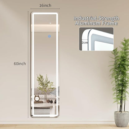 Koonmi Full Length Mirror with LED Lights, 60"x16" Lighted Mirror with Dimming & 3 Color Lighting, Big Mirror for Bedroom, Dressing Room, Rectangle,White