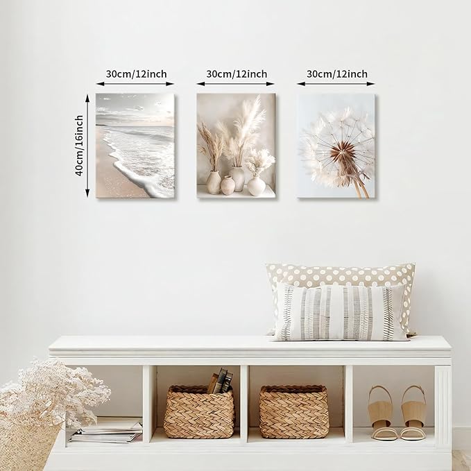 3 Pcs Beach Coastal Sunset Wall Art for Living Room, Modern Beige Dandelion Reeds Botanical Wall Pictures Aesthetic Nature Landscape Wall Painting Art Prints for Bedroom Office Home Decor 12"x16"x3Pcs