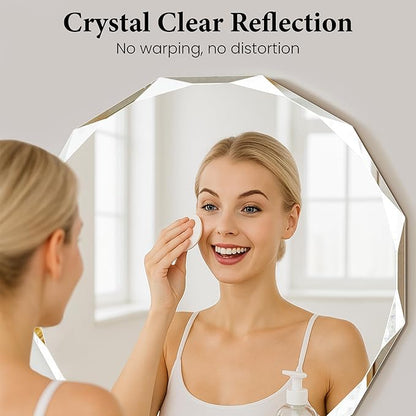 30 Inch Large Faceted Round Wall Mirror, Diamond-Beveled Circle Bathroom Mirror with Solid Backing, Big Sparkle Decor Mirror for Living Room, Fireplace & Master Vanity