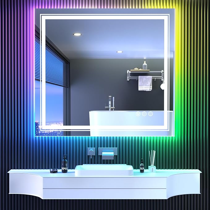Snowdool LED Mirror for Bathroom, 40"X36" with 8 RGB Backlit +3 Front Lit (Adjustable Individually), Anti-Fog, Lighted Bathroom Vanity Mirror for Wall, Shatterproof, Memory Function, Tempered Glass