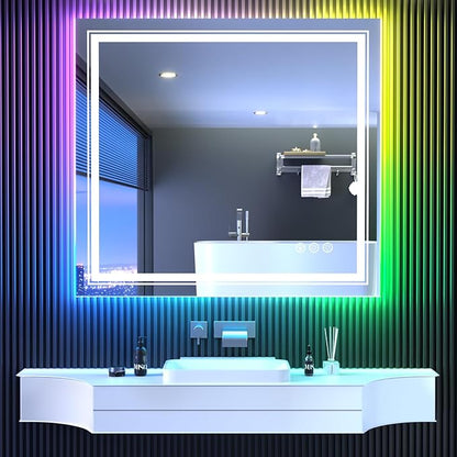 Snowdool LED Mirror for Bathroom, 40"X36" with 8 RGB Backlit +3 Front Lit (Adjustable Individually), Anti-Fog, Lighted Bathroom Vanity Mirror for Wall, Shatterproof, Memory Function, Tempered Glass