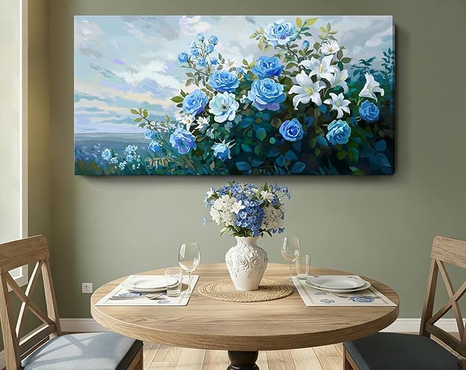 Nicetop Extra Large Floral Canvas Art for Living Room – Elegant Botanical Wall Picture with White Lilies, Blue Roses & Green Leaves – Horizontal Nature Artwork for Bedroom, Office, Kitchen, 58x29 Inch