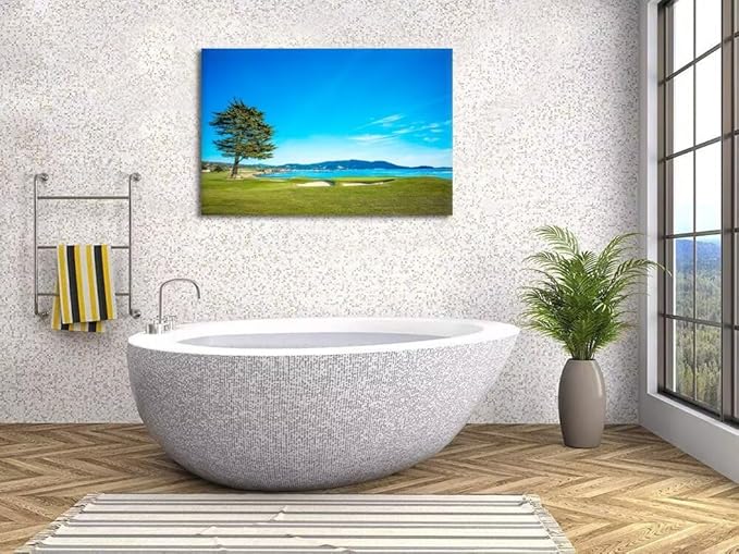 Pebble Beach Golf Course 18th Hole Green Wall Art for Living Room Bedroom Bathroom Home Decorations Golf Course Picture Poster Canvas Prints Modern Framed Artwork Ready to Hang(18''H x 24''W)
