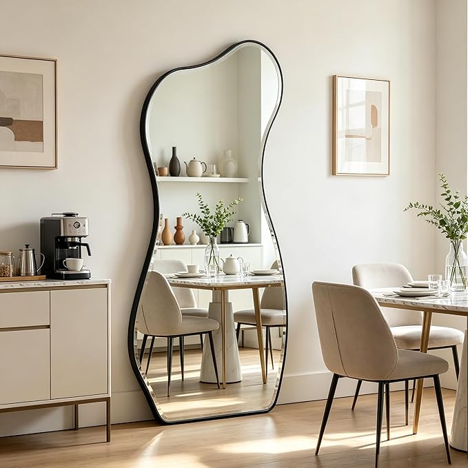 POZINO Irregular Beveled Mirror, 63"x32" Large Asymmetrical Wall Mirror with Metal Frame, Premium Organic Aesthetic Floor Mirrors for Living Room Cloakroom Hallway Entryway, Leaning/Wall-Mount
