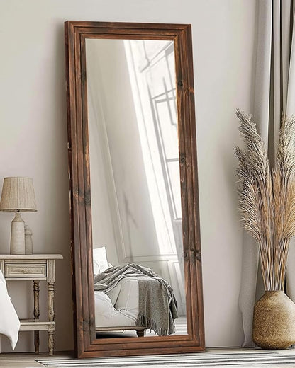 Full Length Mirror 65"x24" Solid Wood Frame Floor Large Mirror for Living Room, Bedroom Hanging or Leaning Wall-Mounted, Brown