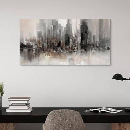 Nyc Skyline Painting Wall Art Grey Buildings Picture for Living Room Modern Home Bedroom Decoration Black and White and Brown Framed Artwork Decor 20X40