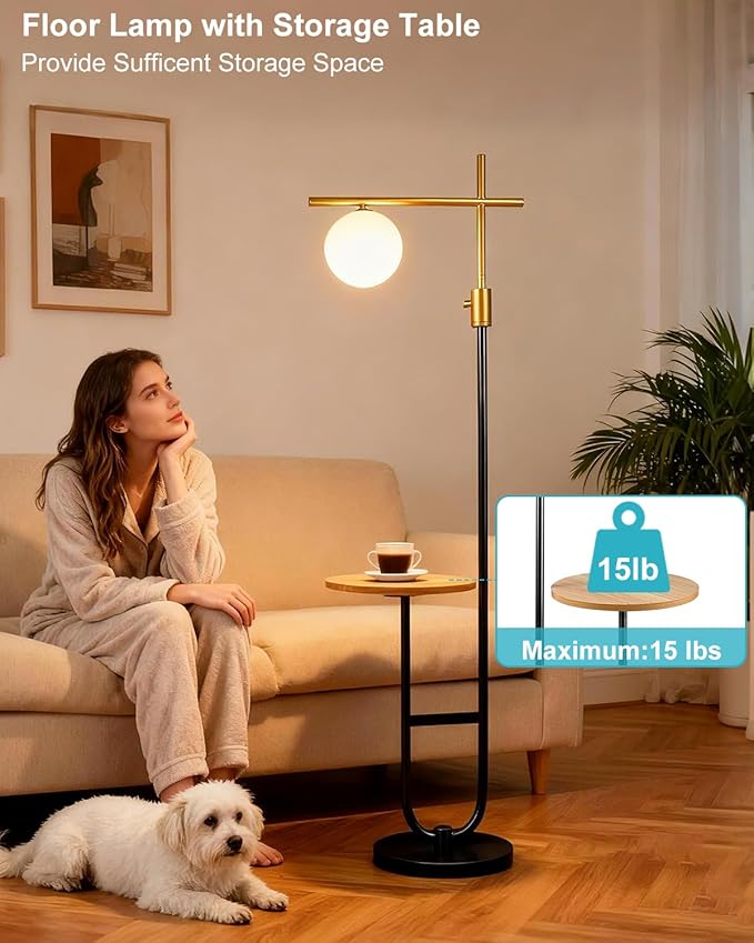 Lightdot 66IN Gold&Black Dimmable Floor Lamps with Storage Table, Modern Standing Tall Lamp with Milky White Globe Lampshade, Cross-Shaped Lamp Head and U-Pole Base Style for Living Room/Bedroom