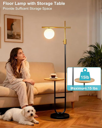 Lightdot 66IN Gold&Black Dimmable Floor Lamps with Storage Table, Modern Standing Tall Lamp with Milky White Globe Lampshade, Cross-Shaped Lamp Head and U-Pole Base Style for Living Room/Bedroom