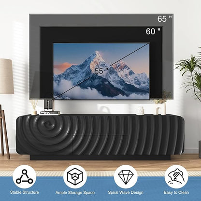 TV stand for 65'' TV , Media Console Table with Storage Cabinet, Spiral Wave Design,Low Profile Credenza for Living Room,Entertainment Center Television Stand with Curved Corner for Bedroom,Black