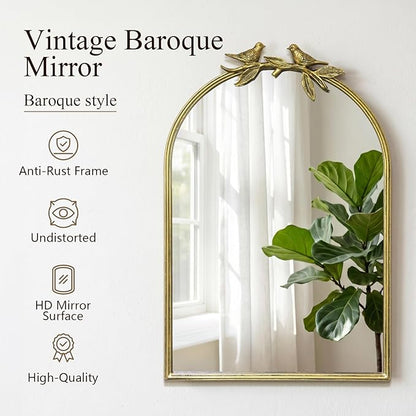 Antique Baroque Vintage Vanity Mirror 30x20Inch, Gold with Ornate Antique Frame, Arched Vintage Wall Mirror for Living Room, Fireplace, Entryway