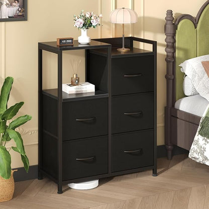 DUMOS TV Stands for Bedroom with 5 Drawers, 5-Drawer Chest of Drawers with Raised Shelf, Storage Tower with Fabric Bins for Closet Organization, Hallway Storage, Ink