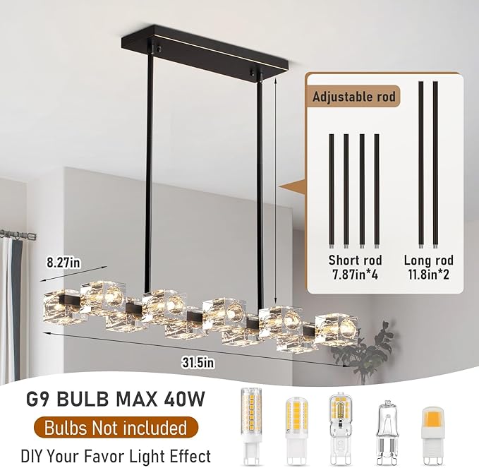 Modern Crystal Chandeliers for Dining Room,Black and Gold Pendant Lights Fixture with 10-Lights,Adjustable Height Hanging Ceiling Light for Kitchen Island,Bedroom,Over Table,Living Room
