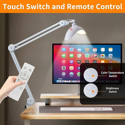 48W Eye-Caring LED Clip On Desk Lamp, 2700K/4200K/5600K with Clamp and Remote, Curved Design for Focused Lighting, CRI 95+ for Nail, Crafting, Painting, Hobby & Computer Monitor Light