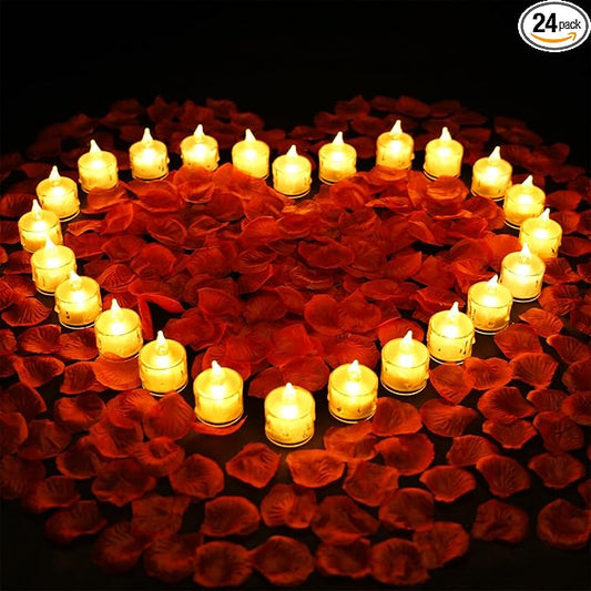 SupBri 1000 Pieces Artificial Rose Petals with 24 Pack LED Tea Lights Candle, Flameless Battery Operated Candles,Romantic Decorations Special Night Set for Valentines, Wedding Decor