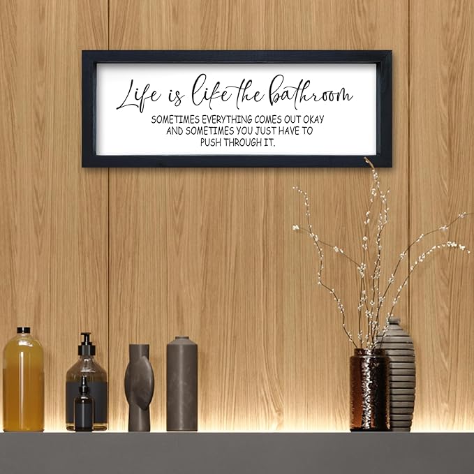 Life Is Like The Bathroom Sign Funny Motivational Quote Wall Decor 16"×6" Small Wood Framed for Bathroom Restroom Wall Hanging Art (Black)