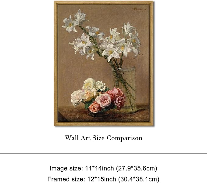 Pyradecor Framed Canvas Wall Art Vintage Decor Coquette Room Decor Roses and Lilies Canvas Prints Classical Floral Painting for Living Room Bedroom Farmhouse Decorations