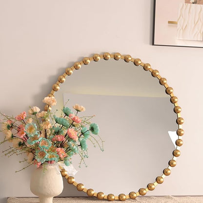 36''x36'' Beaded Gold Round Wall Mirror with Metal Frame, Small Vintage Retro Baroque Ornate Vanity Mirror for Bathroom, Fireplace,Entryway, Living Room