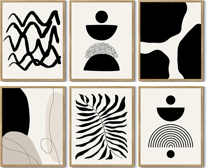Drsoum Abstract Boho Wall Art Minimalist Geometric Framed Boho Room Decor Black Line Art Mid Century Modern Prints Bohemian Living Room Bedroom Ready to Hang 8x10inx6pcs (Natural Framed)