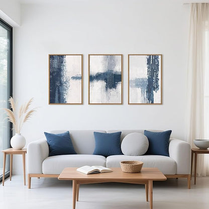 Celestdeco Large Abstract Navy Blue Grey Framed Canvas Wall Art Set,Modern Minimalist Wall Decor,Neutral Brush Stroke Artwork for Living Room,Bedroom,Dining Room,Office-16 x24 x3