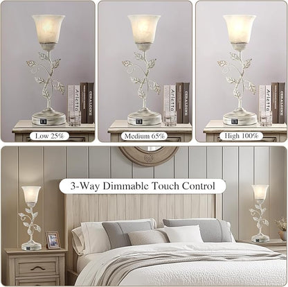 Set of 2 Rustic Touch Table Lamps for Bedroom, 3-Way Dimmable Nightstand Flower Lamp with 2 USB Ports, Retro White Glass Shade Leaf Lamp for Living Room Entryway, 2 LED Bulb Included