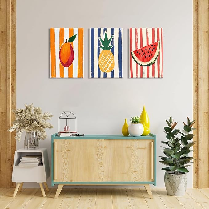 LHHJDIO 3 Piece Trendy Fruit Canvas Wall Art Vintage Kitchen Wall Art Colorful Mango Pineapple Watermelon Pictures Wall Decor Fruit Abstract Art Print for Kitchen Dining Room Living Room 16"x24"