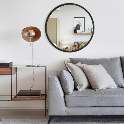 JJUUYOU Black Circle Wall Mirror Round Wood Framed Mirror for Bathroom Hanging Round Mirror for Living Room Vanity Bedroom 24 Inch