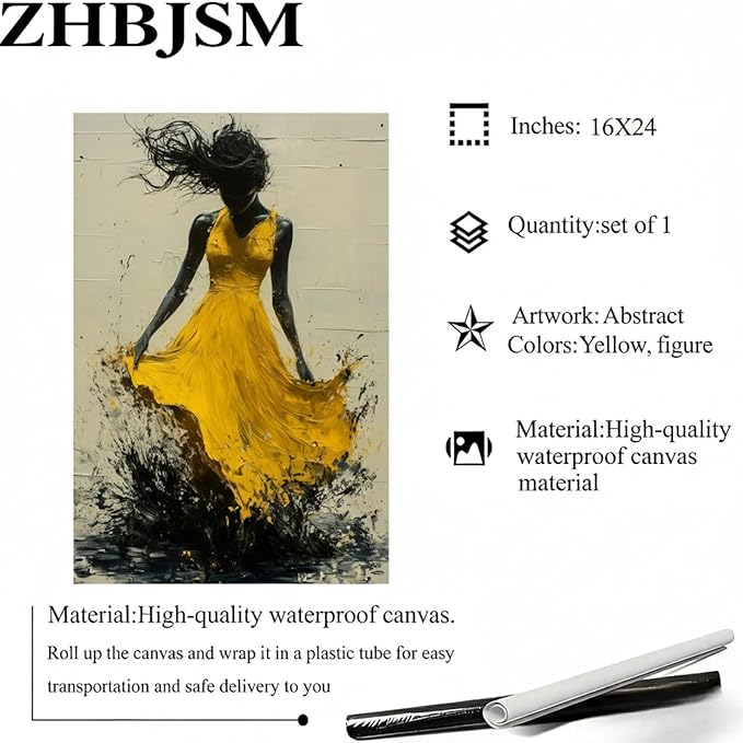 Abstract Figure Wall Art Modern Expressive Vibrant Yellow Dress Dynamic Brushstroke Splash Texture Neutral Tone Home Living Room Bedroom Artistic Interior Decor Statement Piece 16x24 Inch Unframed
