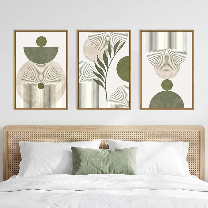 DRACIT Large Sage Green Boho Framed Canvas Wall Art Set,Abstract Modern Beige Green Arch Wall Decor,Minimalist Leaf Lines Artwork for Living Room,Bedroom,Office-16 x24 x3