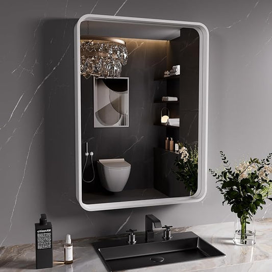 JISOSO White Bathroom Mirror 20x30 Inch, White Metal Framed Bathroom Mirror for Wall, Rounded Rectangle Matte Bathroom Vanity Mirror, Tempered Glass, Anti-Rust, Horizontal/Vertical