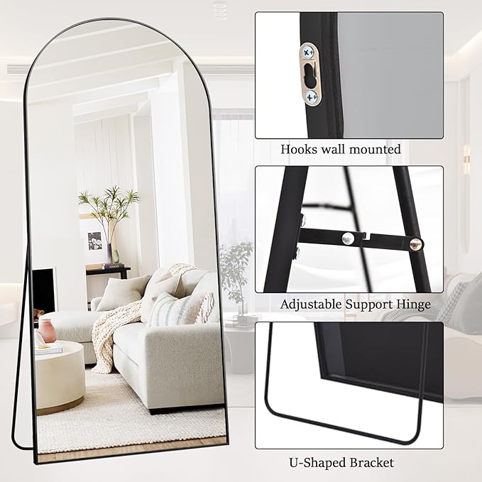 Rowjut Floor Full Length Mirror, Arched Mirrors Full Length 81"x41" Freestanding Large & with Aluminum Frame&Wall Mounted & Hanging or Leaning& Full Body Mirror for Bedroom, Black