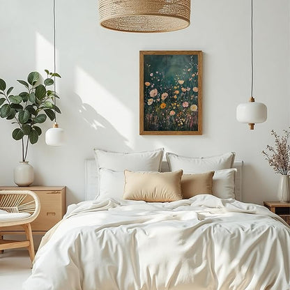 JLTULT Framed Vintage Pink Tone Floral Canvas Wall Art, Farmhouse Flower Landscape Pictures Wall Decor, Botanical Wildflower Field Art Print for Bedroom Living Room Bathroom Home Decoration 16x24 in