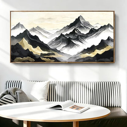 Large Framed Contemporary Black White And Gold Living Room Wall Art, Canvas Print Of Landscape Mountains; Unique Abstract Natural Artwork For Bedrooms, Offices, Studies, Entryways, And Living Rooms. 48X24 Inches.