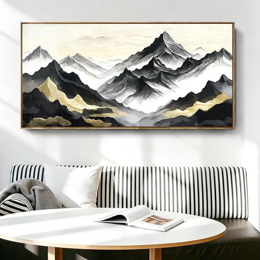 Large Framed Contemporary Black White And Gold Living Room Wall Art, Canvas Print Of Landscape Mountains; Unique Abstract Natural Artwork For Bedrooms, Offices, Studies, Entryways, And Living Rooms. 48X24 Inches.