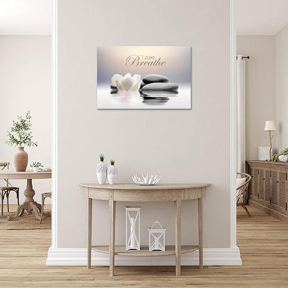 Zen Stone Canvas Wall Art Just Breathe Yoga Quotes Poster for Spa Decor White Lotus Flower Pictures Prints for Bathroom Modern Spiritual Artwork Framed (16 x 24inches)
